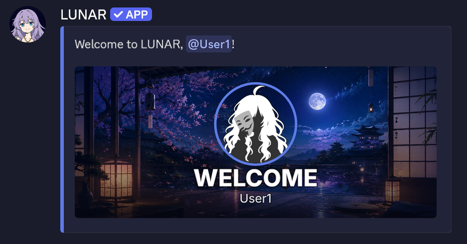 Lunar welcoming User1 in Discord with a welcome card